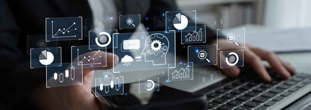 Business man using platform in workspace.